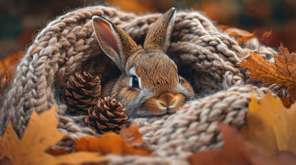 Obraz premium Cute rabbit nestled in cozy knitted blanket surrounded by autumn leaves and pinecones
