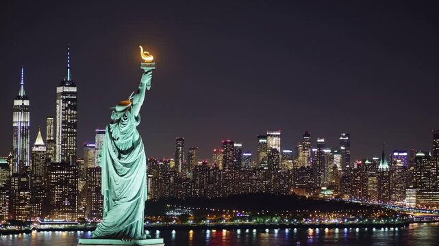 Statue of Liberty at night with illuminated New York City skyline in background, symbol of freedom, immigration, democracy, urban life, and iconic American cultural heritage