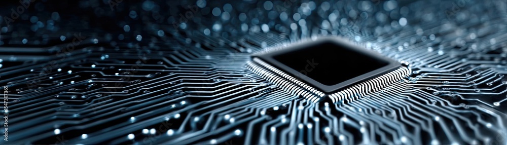 Poster Adaptive chip and programmable integration concept. Close-up of a microchip on a circuit board, showcasing advanced tech.