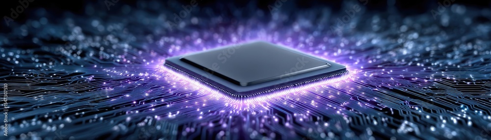 Poster Hybrid processor in plasma development concept. Futuristic microchip emitting energy in a digital environment.