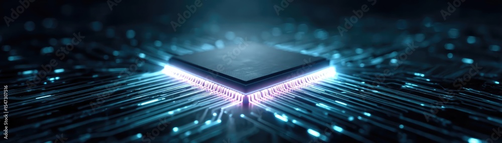 Poster Hybrid processor in plasma development concept. Futuristic microchip with glowing circuits on digital background.