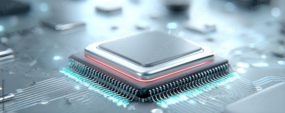 Poster Hybrid processor in plasma development concept. Close-up of a modern computer processor on a circuit board.