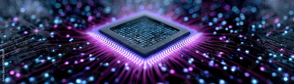 Poster Hybrid processor in plasma development concept. High-tech microchip glowing with vibrant colors and data flow.
