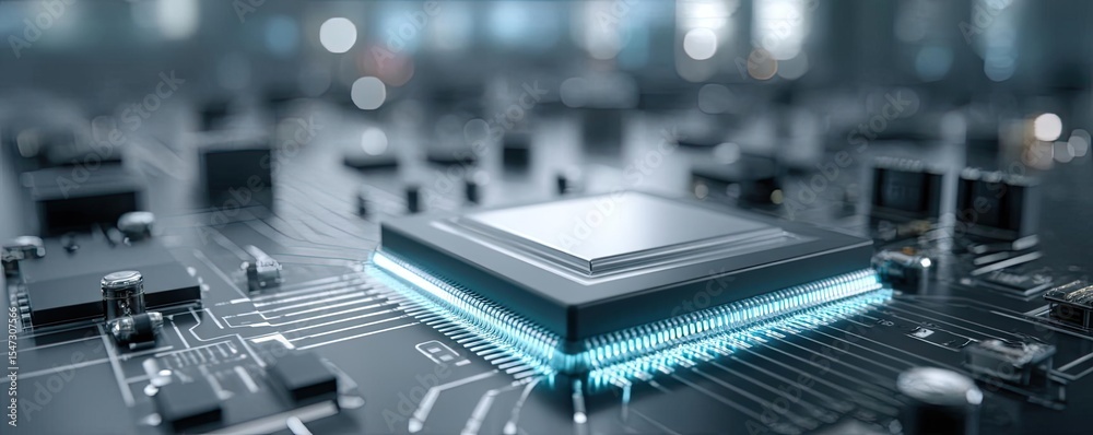 Poster Hybrid processor in plasma development concept. Close-up of a modern microchip on a circuit board.