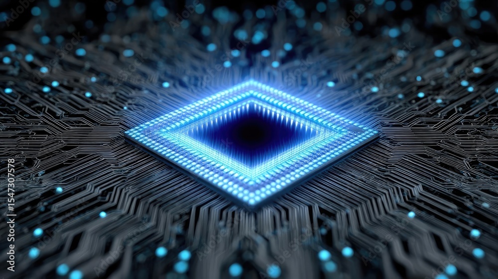 Poster Hybrid processor in plasma development concept. Futuristic microchip design glowing in digital circuitry.