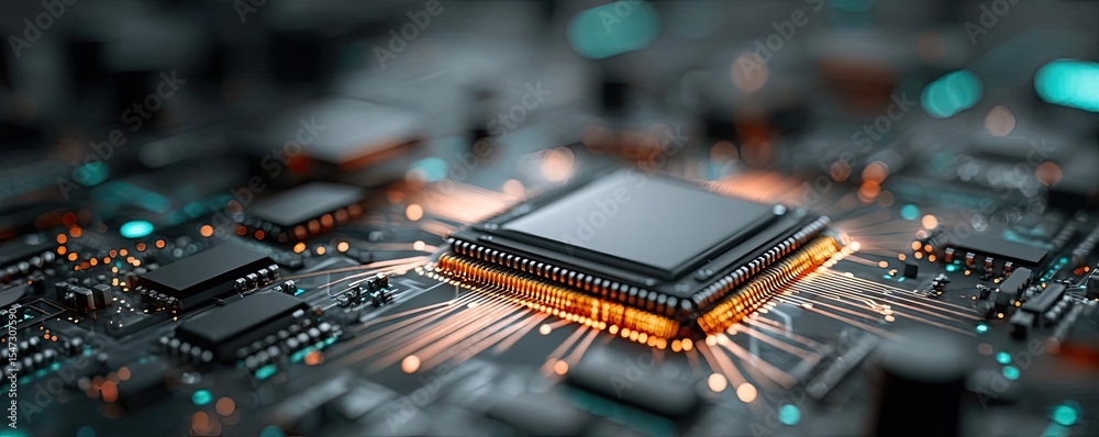 Aufkleber Hybrid processor in plasma development concept. Close-up of a computer chip showcasing intricate circuit details.