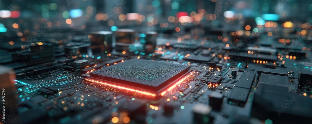 Poster Hybrid processor in plasma development concept. Close-up view of a modern microchip on a circuit board.