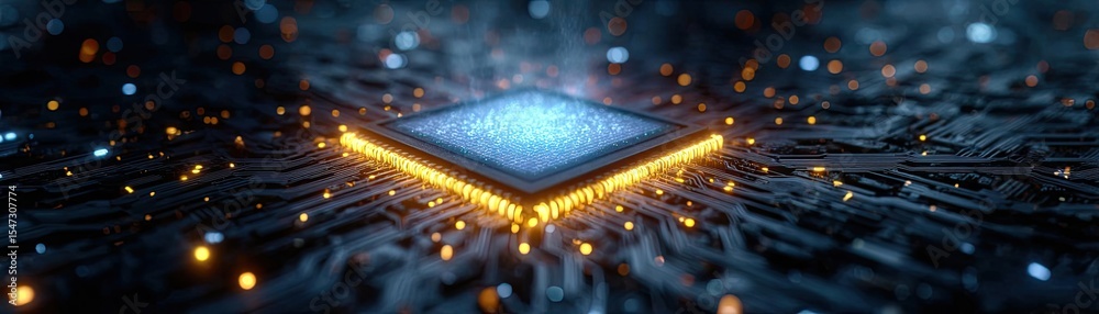 Poster Hybrid processor in plasma development concept. Abstract image of a microchip with glowing connections.