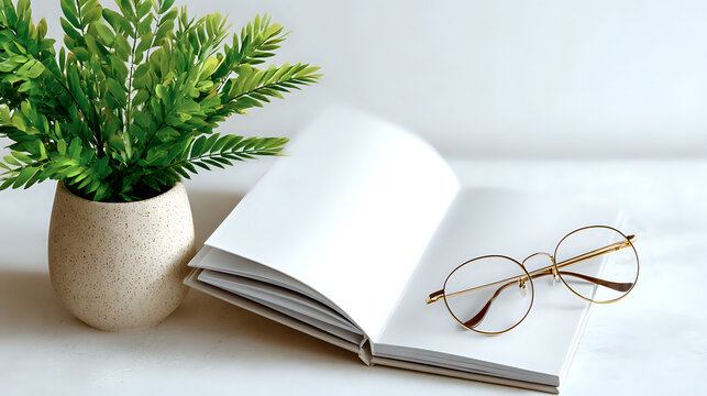 Open blank notebook with round gold-framed reading glasses and decorative green plant in ceramic pot on white surface, minimalist workspace setup.