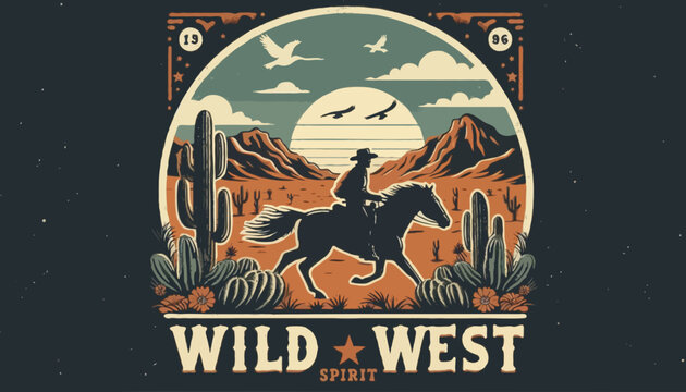Vintage Wild West poster featuring a cowboy riding a horse against a rustic backdrop