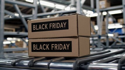 Black Friday cardboard shipping boxes stacked on conveyor belt in warehouse, symbolizing retail logistics, ecommerce fulfillment, online orders, supply chain and holiday sales rush - Powered by Adobe