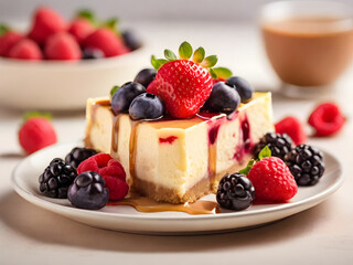 strawberries cheesecake on white plate