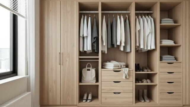 Wooden wardrobe with tiered design, compact home interior storage. Wardrobe with clothes, drawers, shoes, shelves. 4k video