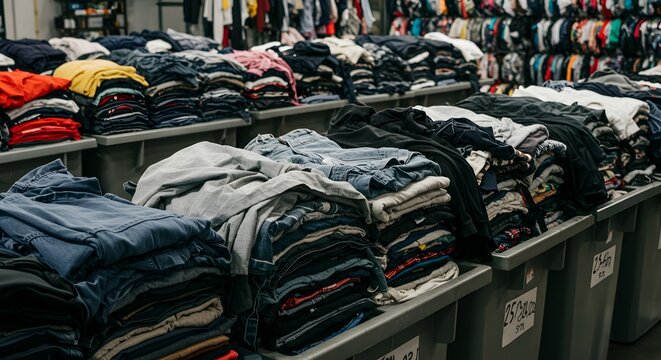 Clothing stacks fill plastic bins within a busy clothing donation warehouse to facilitate sorting for charitable distribution.