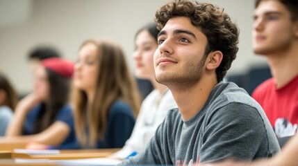 Diverse students attentively listening in a lecture hall during class