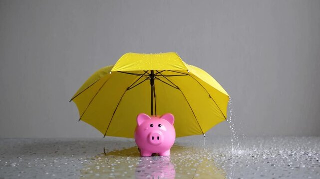 Pink piggy bank under large yellow umbrella indoors with scattered coins, symbolizing financial security, personal savings protection, economic stability, and smart budgeting