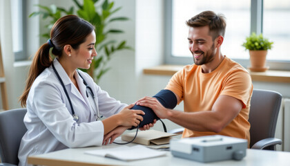 Healthcare professional measures blood pressure of patient modern clinic setting. doctor, dressed white coat, smiles while interacting with patient, who appears relaxed and engaged. environment