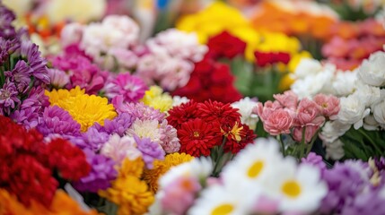 Colorful variety of fresh flowers in a vibrant garden display showcasing blooms like roses, daisies, and chrysanthemums perfect for events and celebrations.