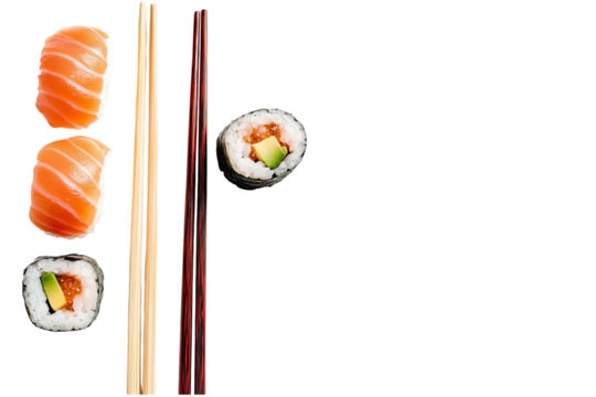Sushi and chopsticks on a white isolated on a transparent background, ultra-realistic photography.