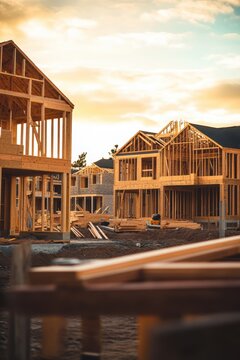 Construction site with wooden framing for new homes under a sunset sky, modern architecture project, building development, residential real estate investment.