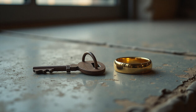 Rustic key and golden ring in muted tones symbolizing heritage on a concrete surface