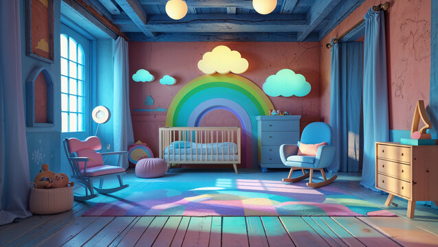 Colorful and dreamy nursery room with rainbow decor and a baby crib in a peaceful setting.
