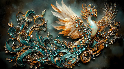 Ornate fantasy bird with golden wings and turquoise jewels on dark background, featuring intricate swirling patterns and baroque decorative elements in metallic finish.