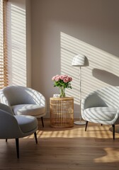 Wall Mockup in a Sunlit Japandi Sitting Area with Armchairs and a Rattan Table