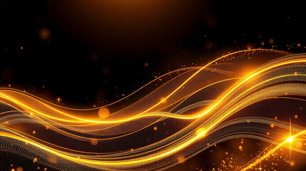 Fototapeta premium Radiant golden flowing light waves with glowing particles on black background – luxury abstract energy design