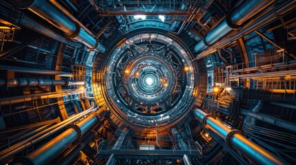 Obraz premium A large industrial space with many pipes and a large hole in the middle