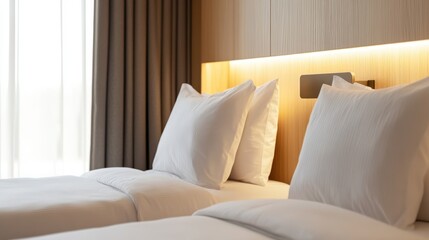 Cozy modern hotel room with twin beds, soft white linens, stylish decor, natural light from window, ideal for relaxation and travel comfort.