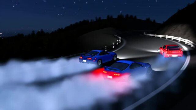 Sports cars drifting on winding mountain road at night footage. Featuring JDM tuner culture, high-speed action, and street racing aesthetic. Scene of thrilling car chase.