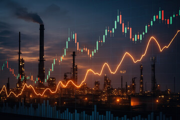 Oil gas price trade business concept. Industrial oil refinery plant and pipelines at dusk. Stock trading graph of financial market. Futuristic style. Economic fluctuations and global energy trade.