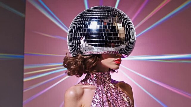 Stylish woman in glittering dress wearing disco ball helmet under dramatic lighting, symbolizing pop culture fashion, retro-futuristic aesthetics, nightlife glam, creative expression, and bold