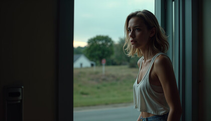 Obraz premium Dramatic moment of a woman in emotional turmoil stepping out of her home after a heated argument, conveying feelings of sadness and introspection in a moody atmosphere.