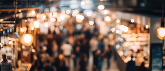 Crowd of people shopping at a vibrant market with bright lights and lively atmosphere, demonstrating urban lifestyle, commerce, and social interaction.