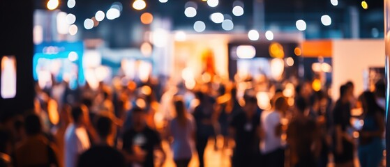 Crowd of people at a lively business conference networking and engaging with brands in a dynamic atmosphere showcasing innovation and collaboration.