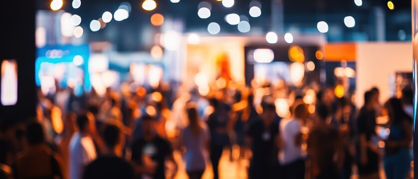 Crowd of people at a lively business conference networking and engaging with brands in a dynamic atmosphere showcasing innovation and collaboration.