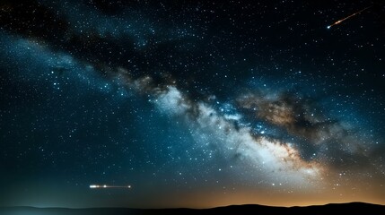 Fototapeta premium Dramatic night sky with bright Milky Way galaxy stretching across horizon over dark silhouetted landscape, shooting stars streak through starry cosmos.
