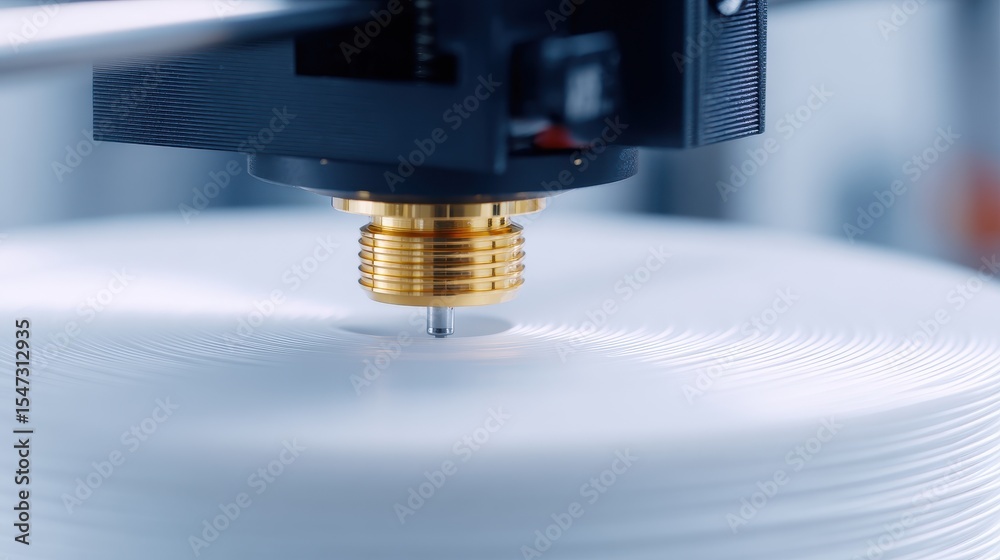 Poster close-up view of a 3d printer nozzle creating intricate patterns on a white surface in a modern work