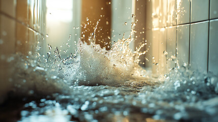 Emergency water damage repair scenario, showcasing a high-pressure burst of water erupting from a ruptured pipe, symbolizing the urgency of plumbing issues