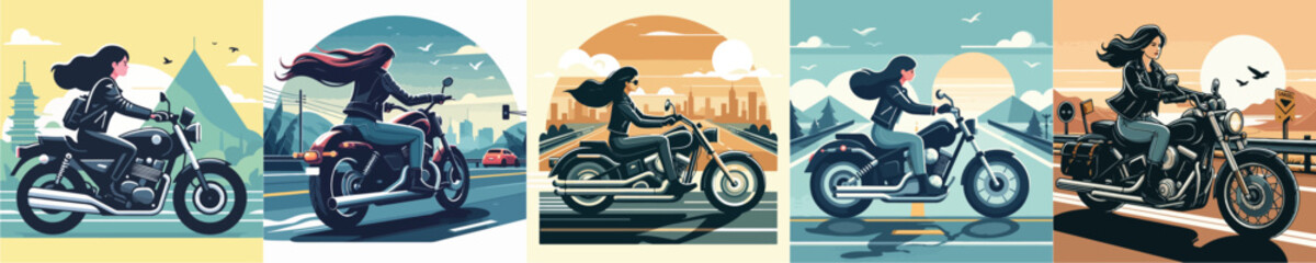 vector woman wearing leather jacket riding motorcycle on the road © Andreas