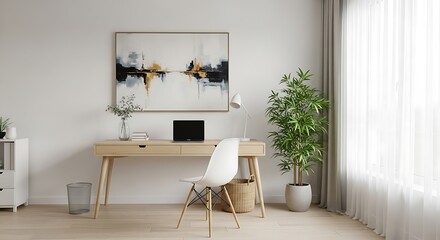 Fototapeta premium Modern minimalist home office workspace with light wood desk, white chair, laptop, and abstract art, creating a calm and productive atmosphere.
