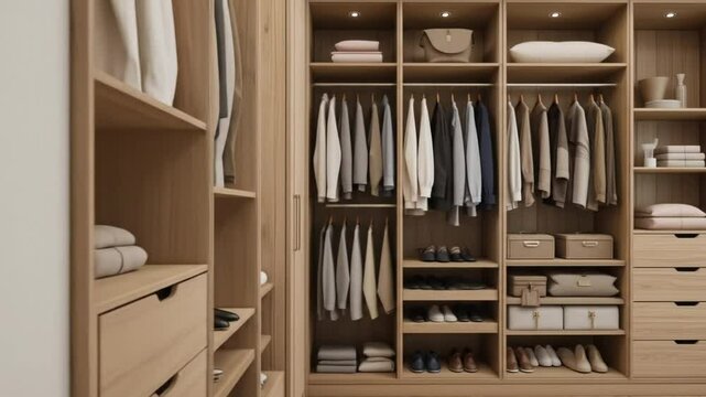Wooden wardrobe with tiered design, compact home interior storage. Wardrobe with clothes, drawers, shoes, shelves. 4k video