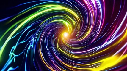Vibrant neon vortex with swirling rainbow light trails and glowing energy, representing psychedelic motion, abstract technology background, digital art, and visual concept of time travel or warp speed - Powered by Adobe