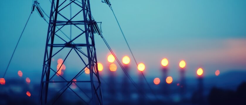 Electricity transmission tower with glowing industrial lights in the background, power lines infrastructure, energy production, dusk evening skyline, urban landscape.
