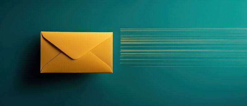 Envelope sending message with speed lines on teal background, digital communication concept, fast delivery service, mail sending, online correspondence.