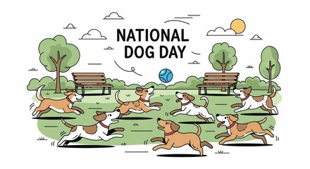 Cartoon dogs playing in a park landscape on a sunny day.