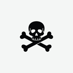 Simple black skull and crossbones silhouette on white background. Perfect for danger, poison, warning signs, tattoos, or graphic design with a bold, minimalist style.