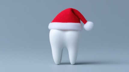 Molar tooth wearing a festive Santa hat against a neutral background during the holiday season. Christmas and New Year. Winter Wonderland
